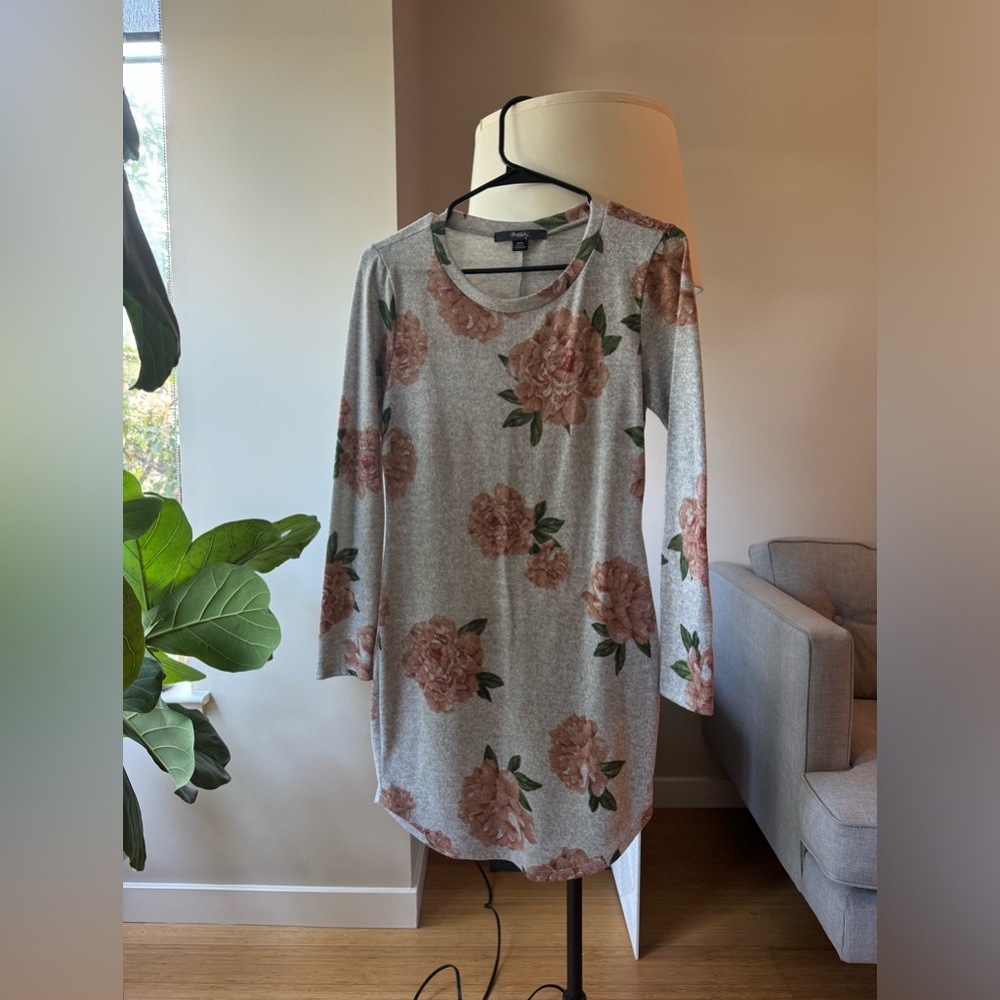 Rhapsody Tight Grey Floral Print Knit Mini Dress